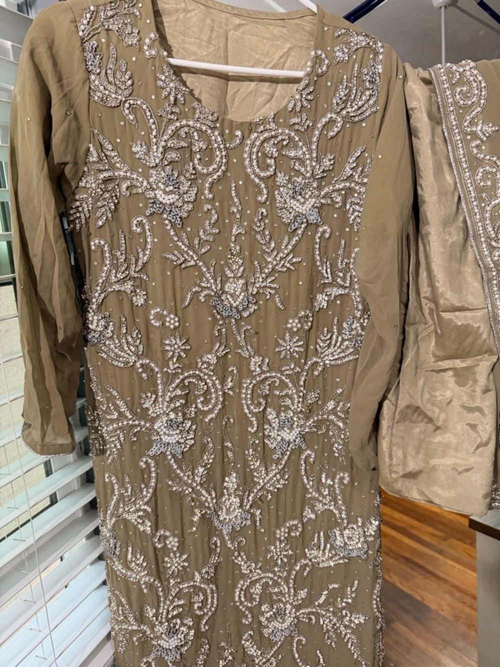Embellished Olive-Beige Party Dress with Silver Beadwork